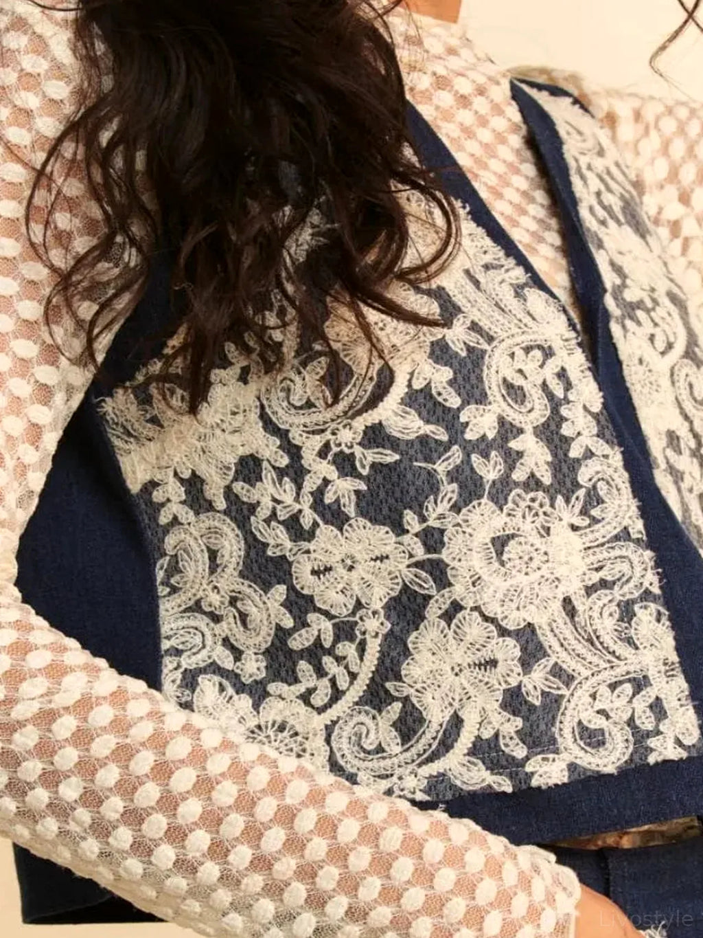 Lace Patch Open Front Denim Vest