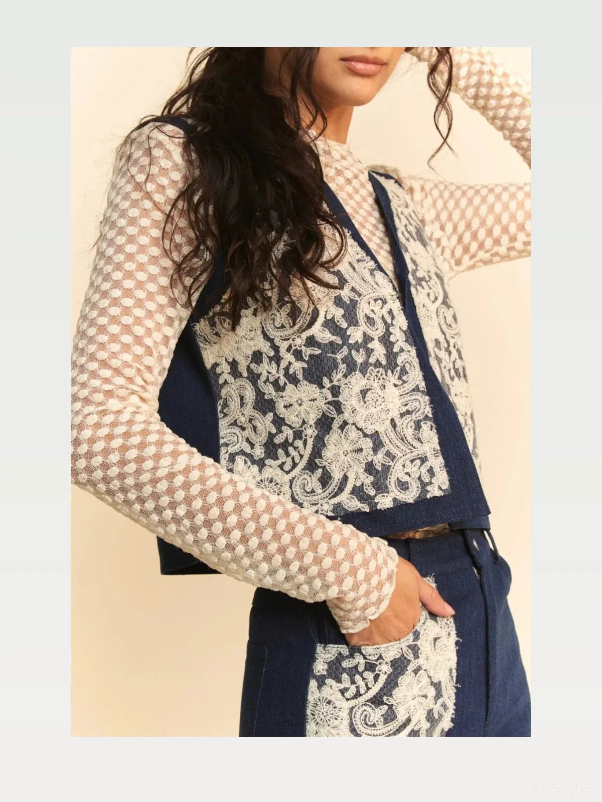 Lace Patch Open Front Denim Vest