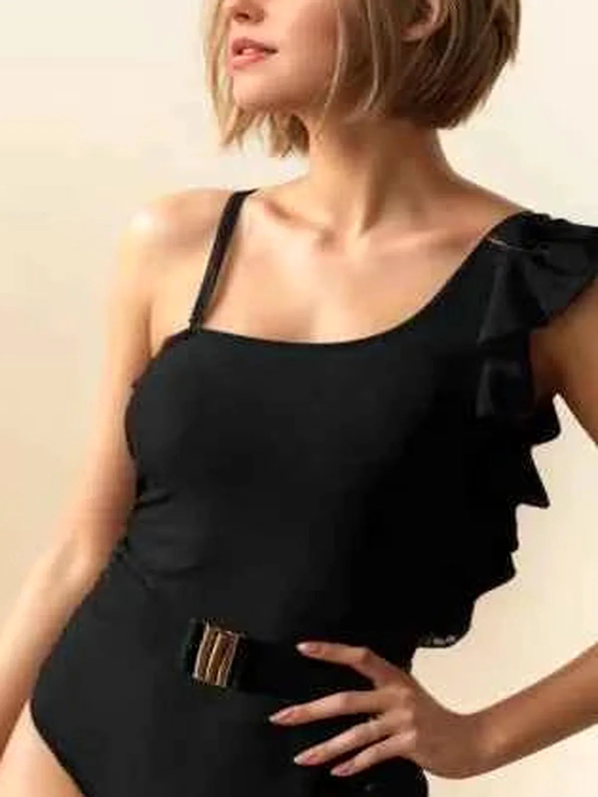 Solid One Shoulder Ruffle One Piece Swimsuit