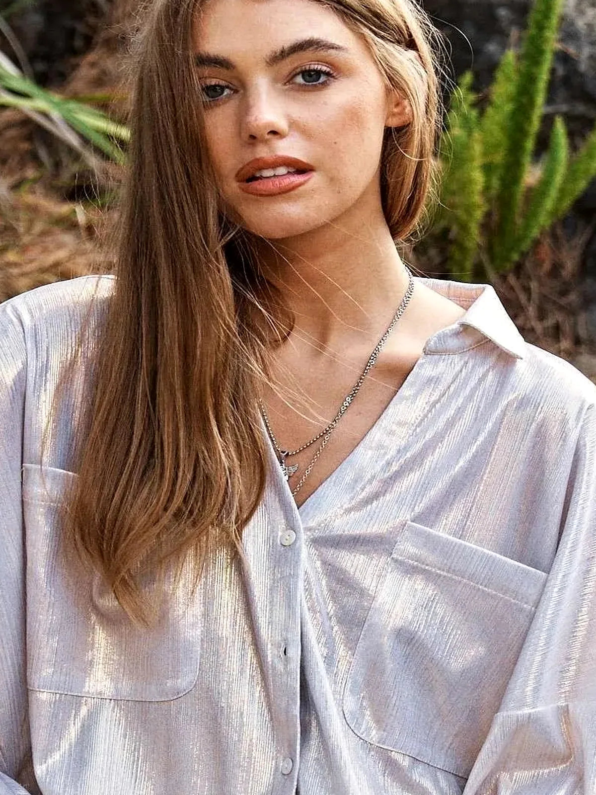 Shimmering Metallic Button-Up Shirt with Pockets