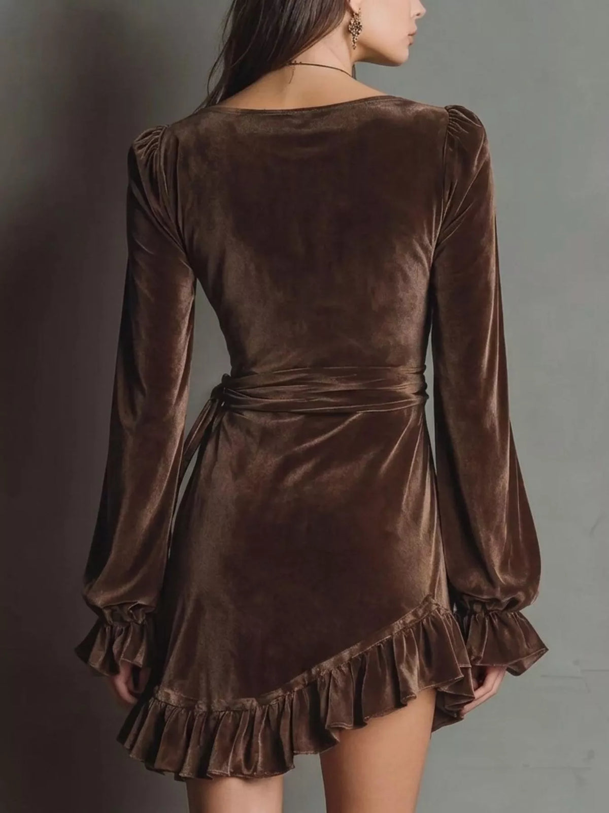 Velvet Surplice Flounce Sleeve Dress