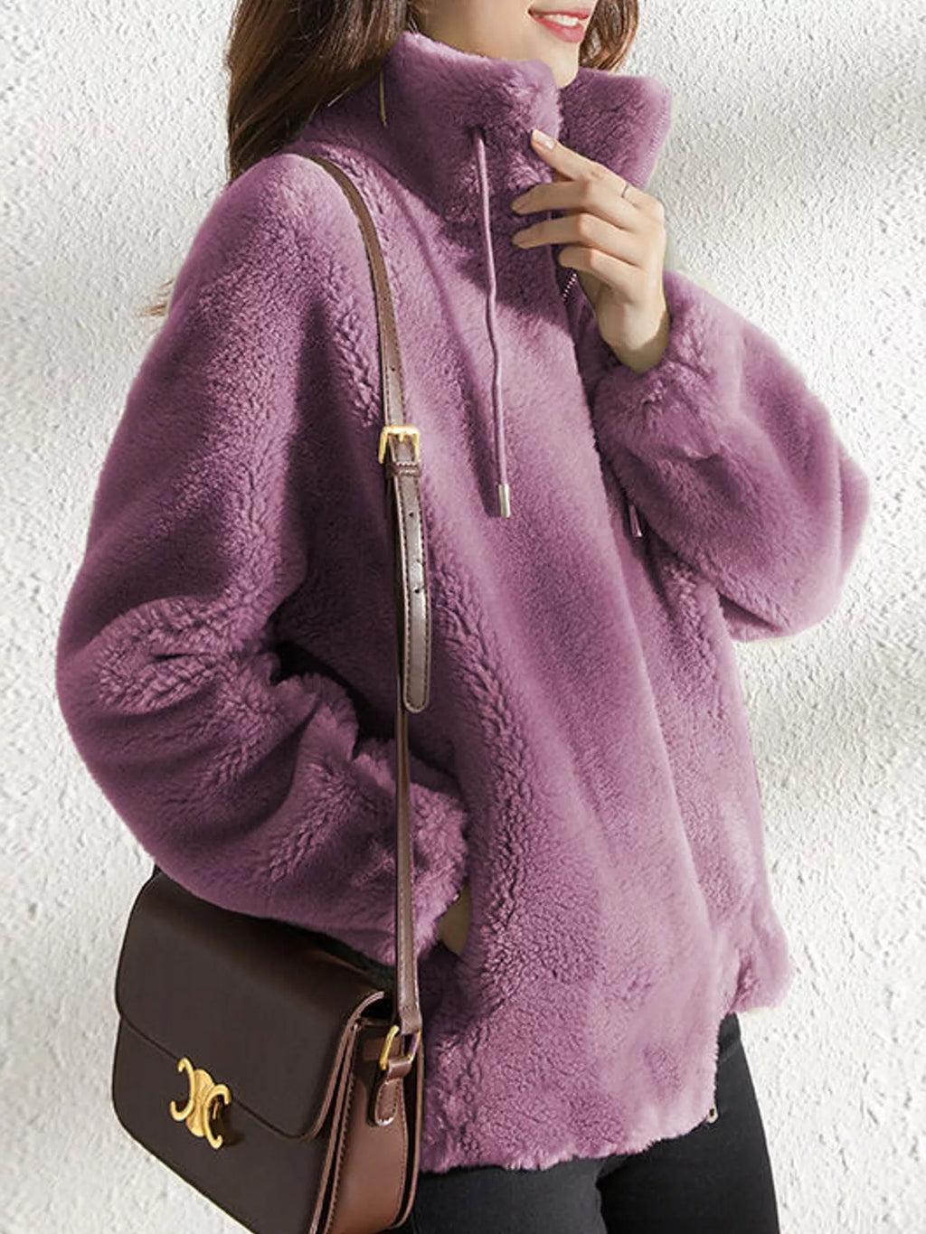 Full Size Drawstring Faux Fur Stand-Collar Zip-Up Outerwear Plus Size