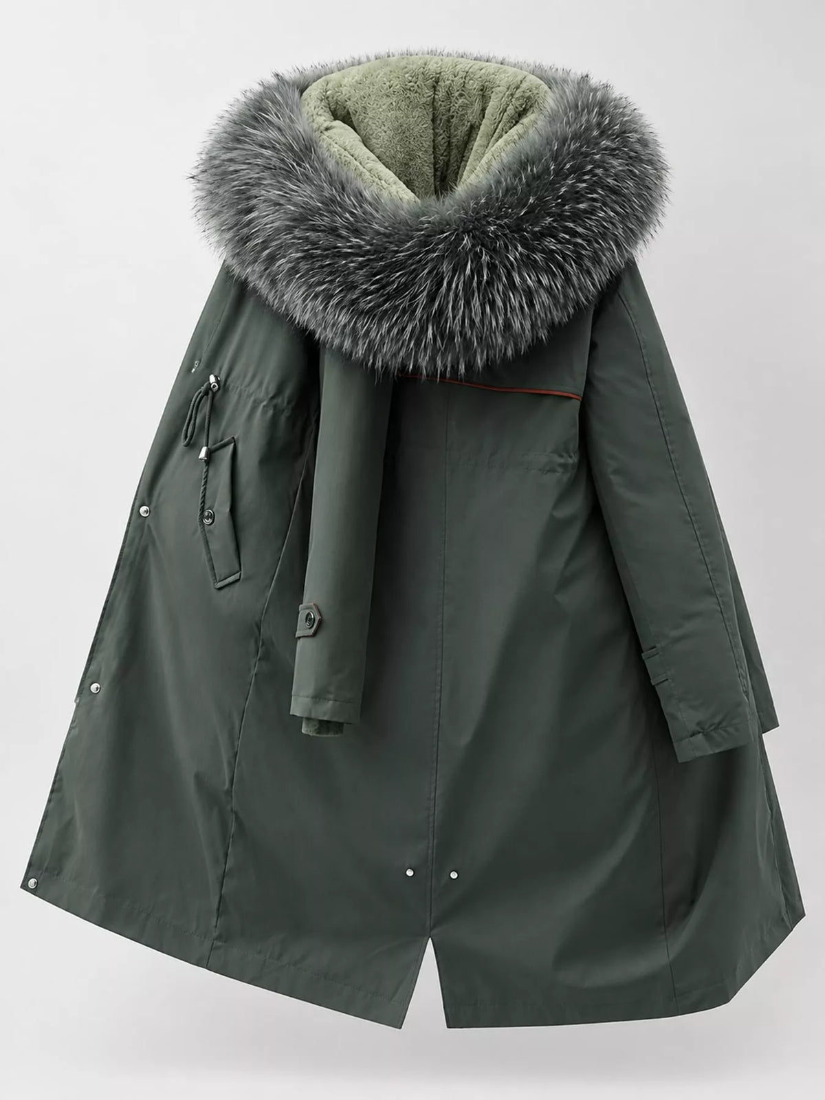 Detachable Longline Hooded Parka with Faux Fur Trim and Drawstring Waist