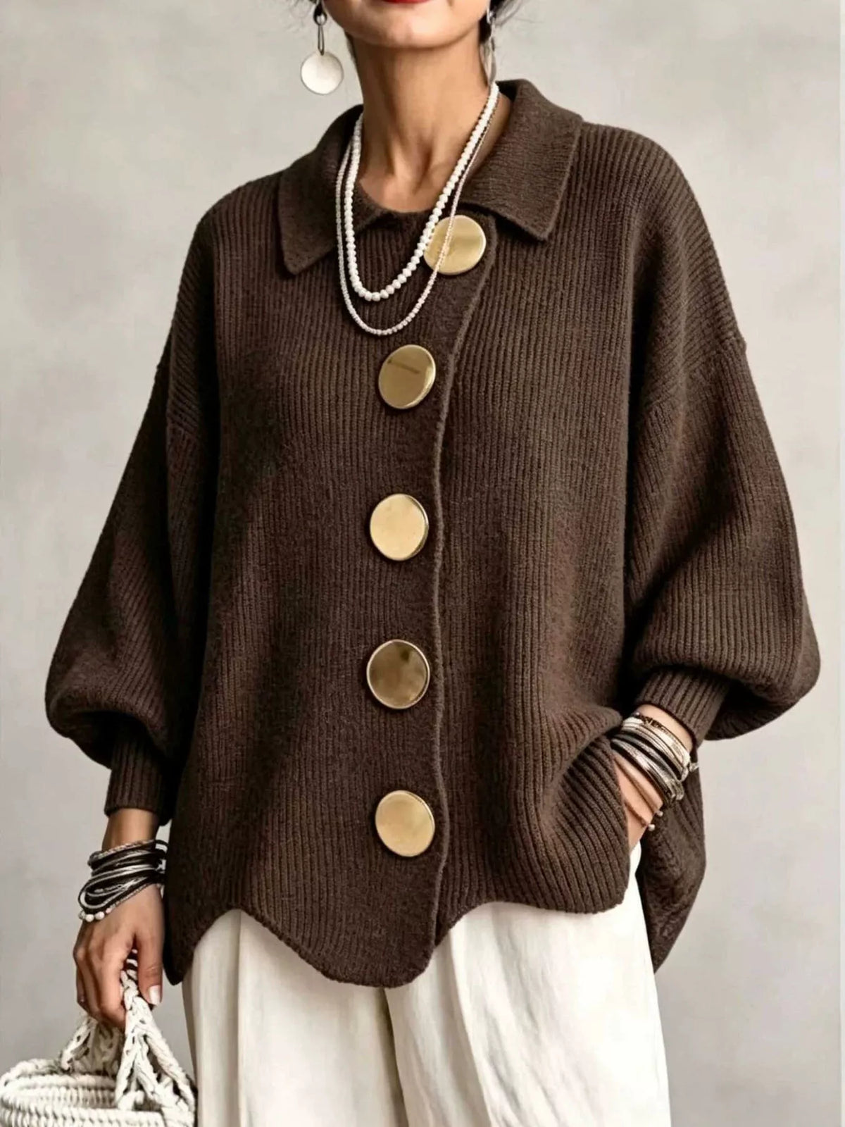 Full Size Ribbed Knit Gold Buttons Cardigan Plus Size