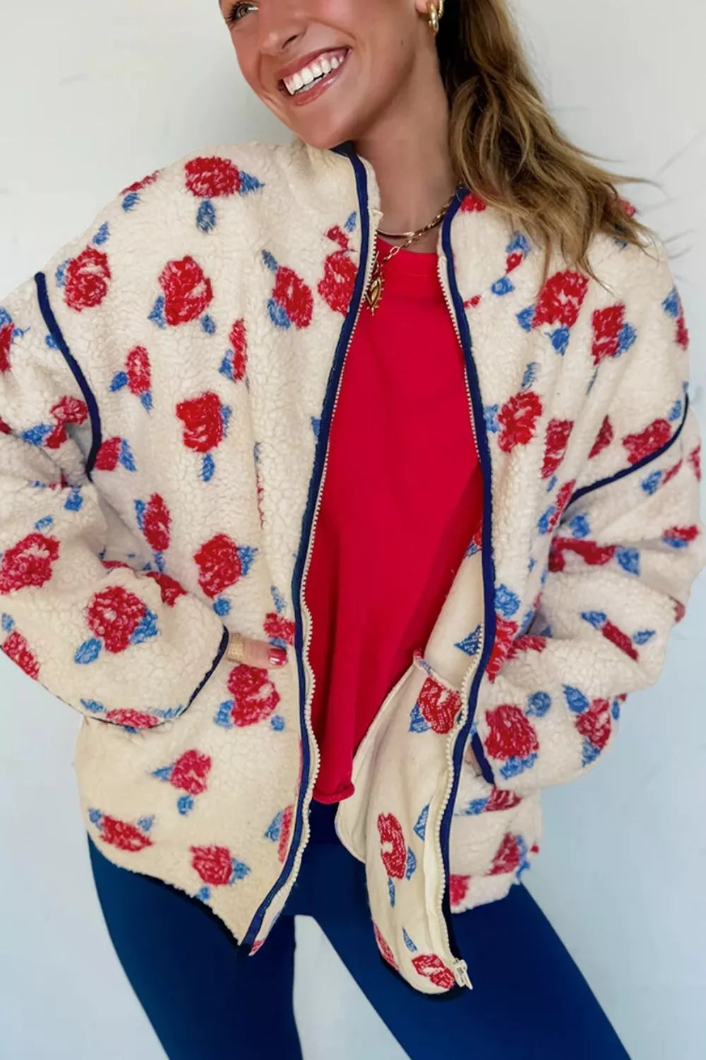 Floral Print Zipper Stand Neck Outerwear Fleece Coat