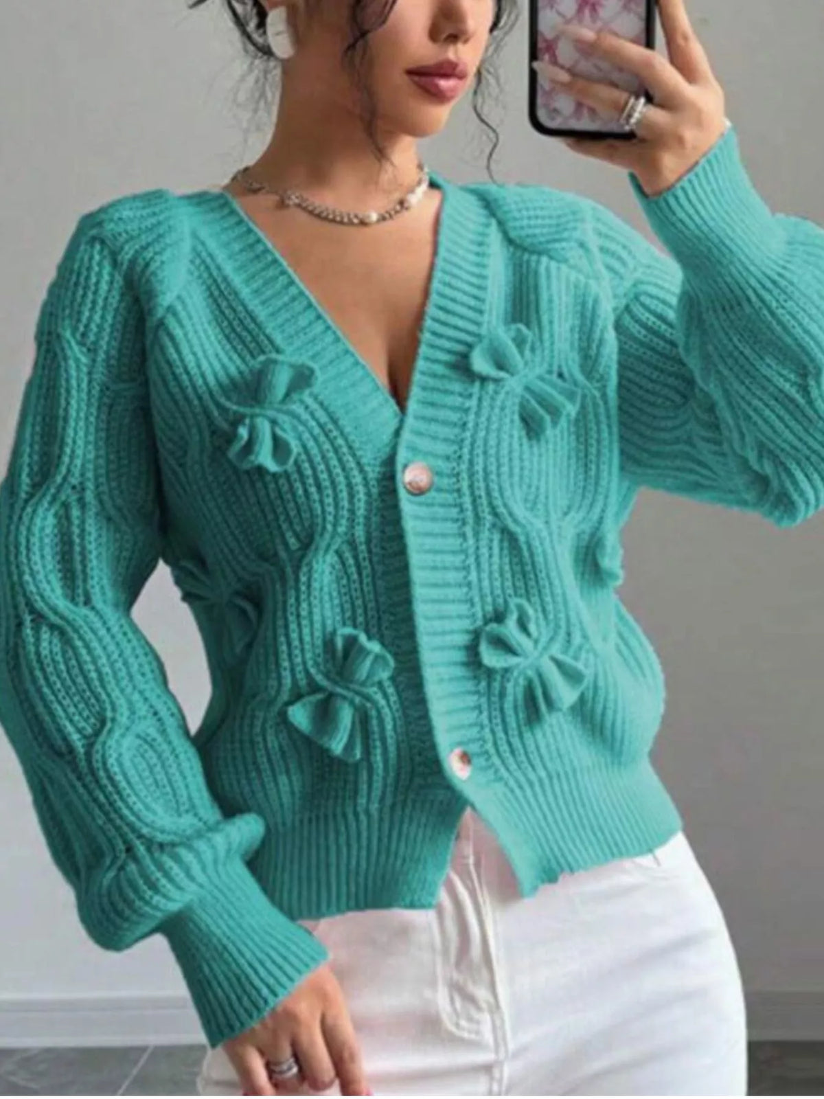 Bow Cable Knit V-Neck Cardigan