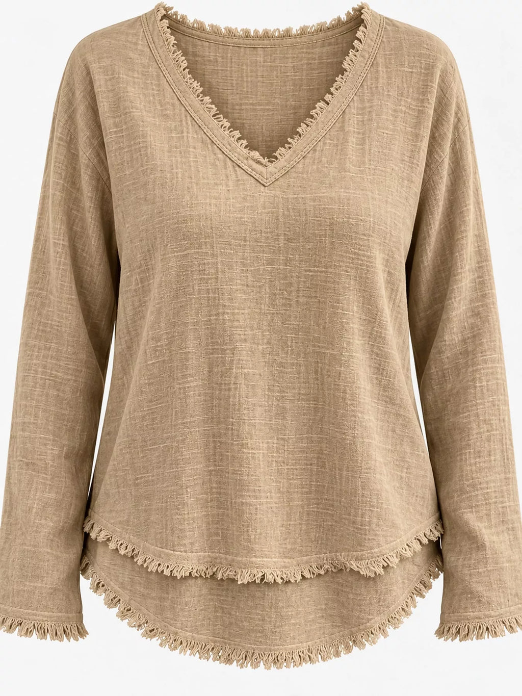 Full Size Frayed Hem V-Neck Long Sleeve Blouse Plus Size