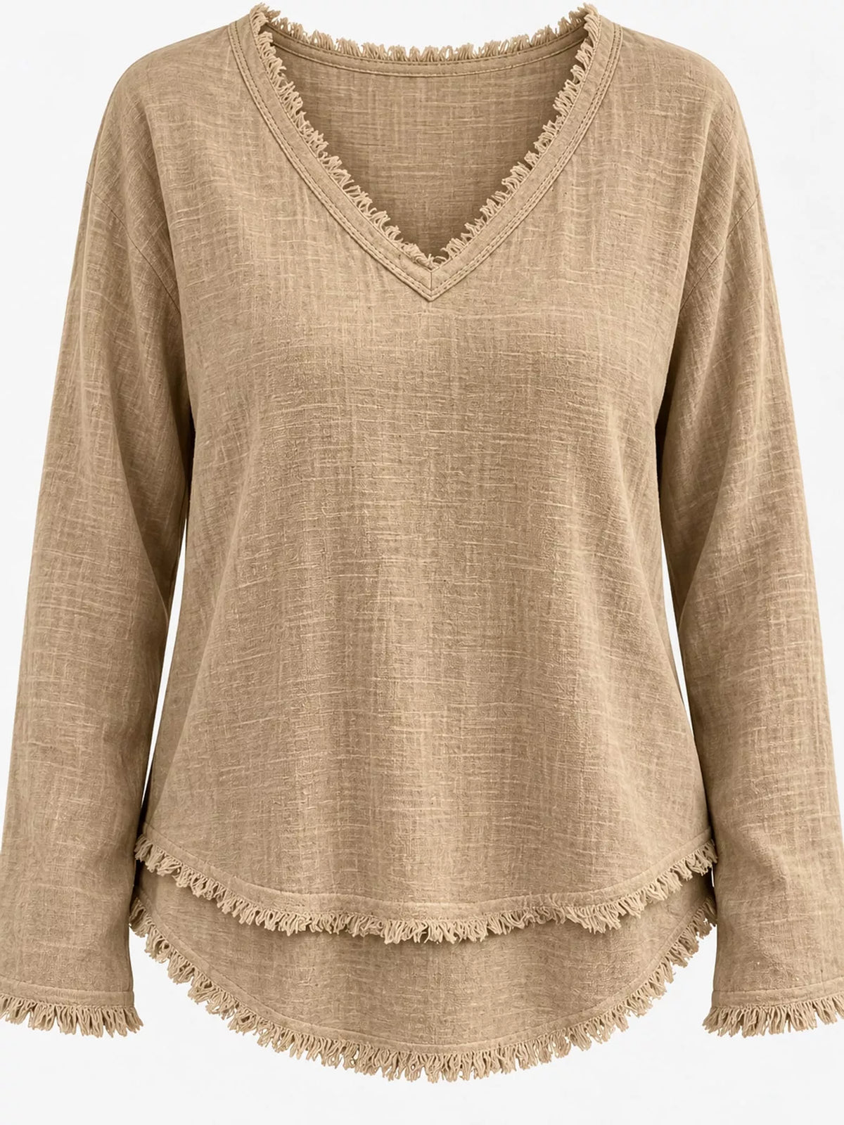 Full Size Frayed Hem V-Neck Long Sleeve Blouse Plus Size