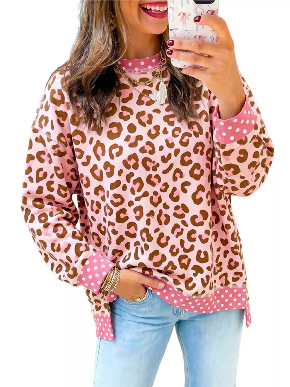 Side Slit Leopard Sweatshirt with Polka Dot Trim