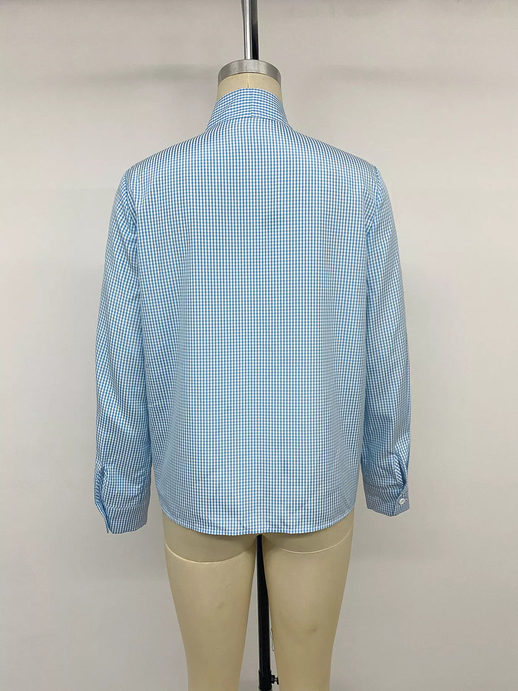 Gingham Bow-Tie Neck Long Sleeve Shirt