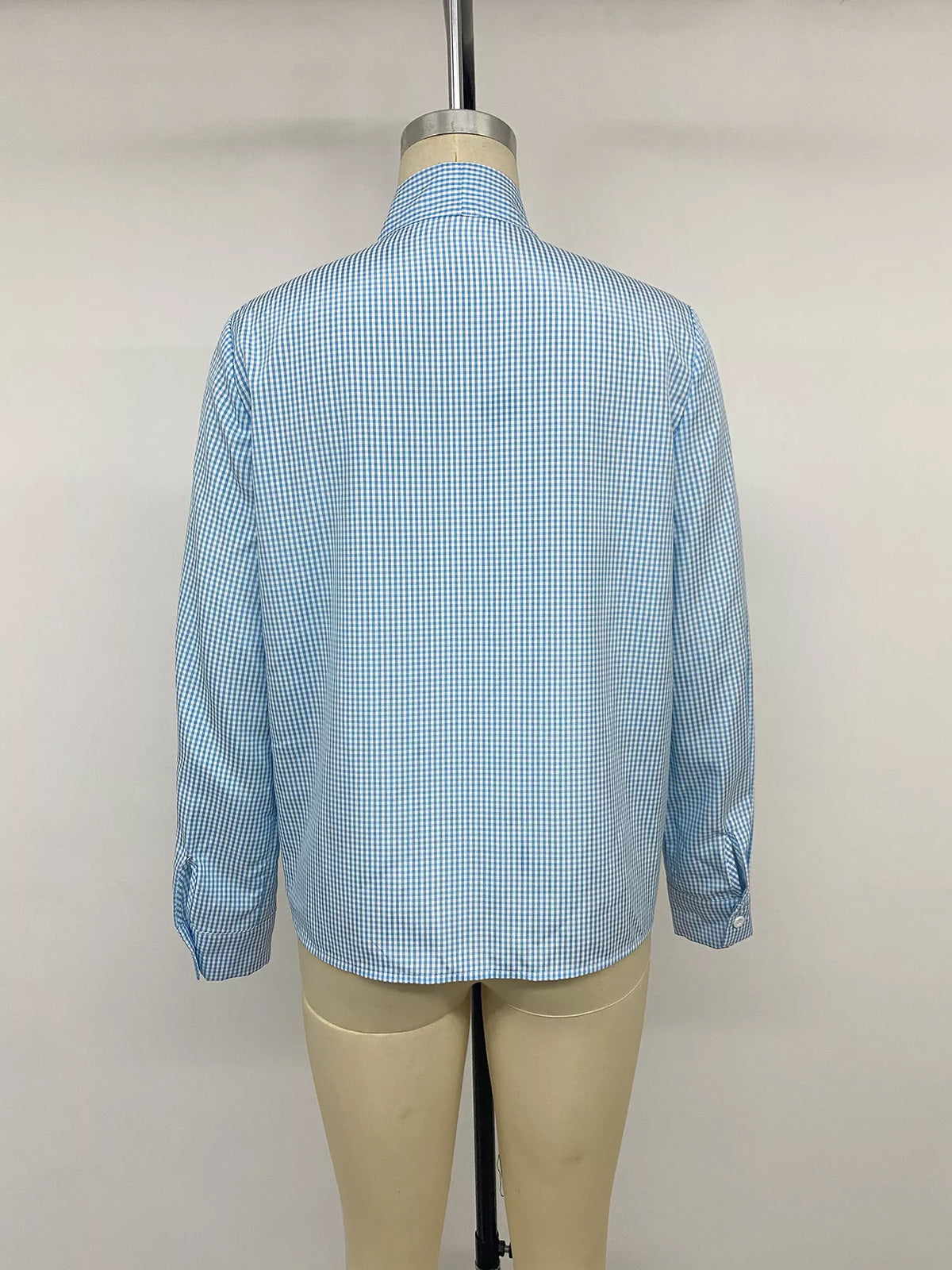 Gingham Bow-Tie Neck Long Sleeve Shirt