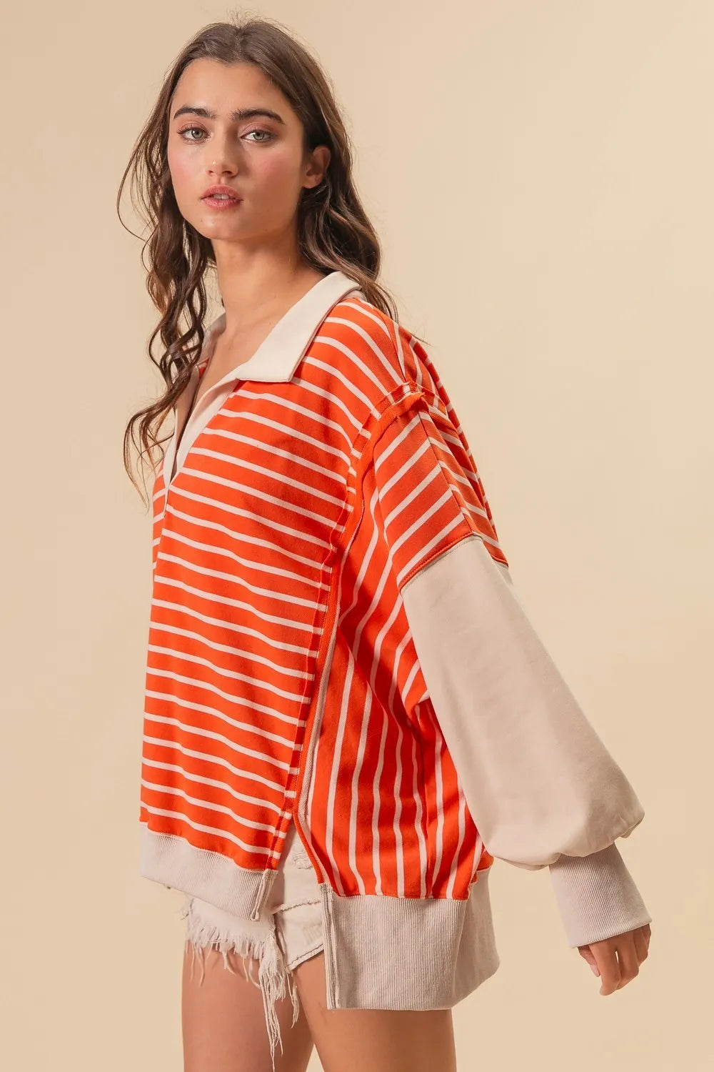 BiBi Stripe Knit Loose Fit Top With Cut Edge Detail