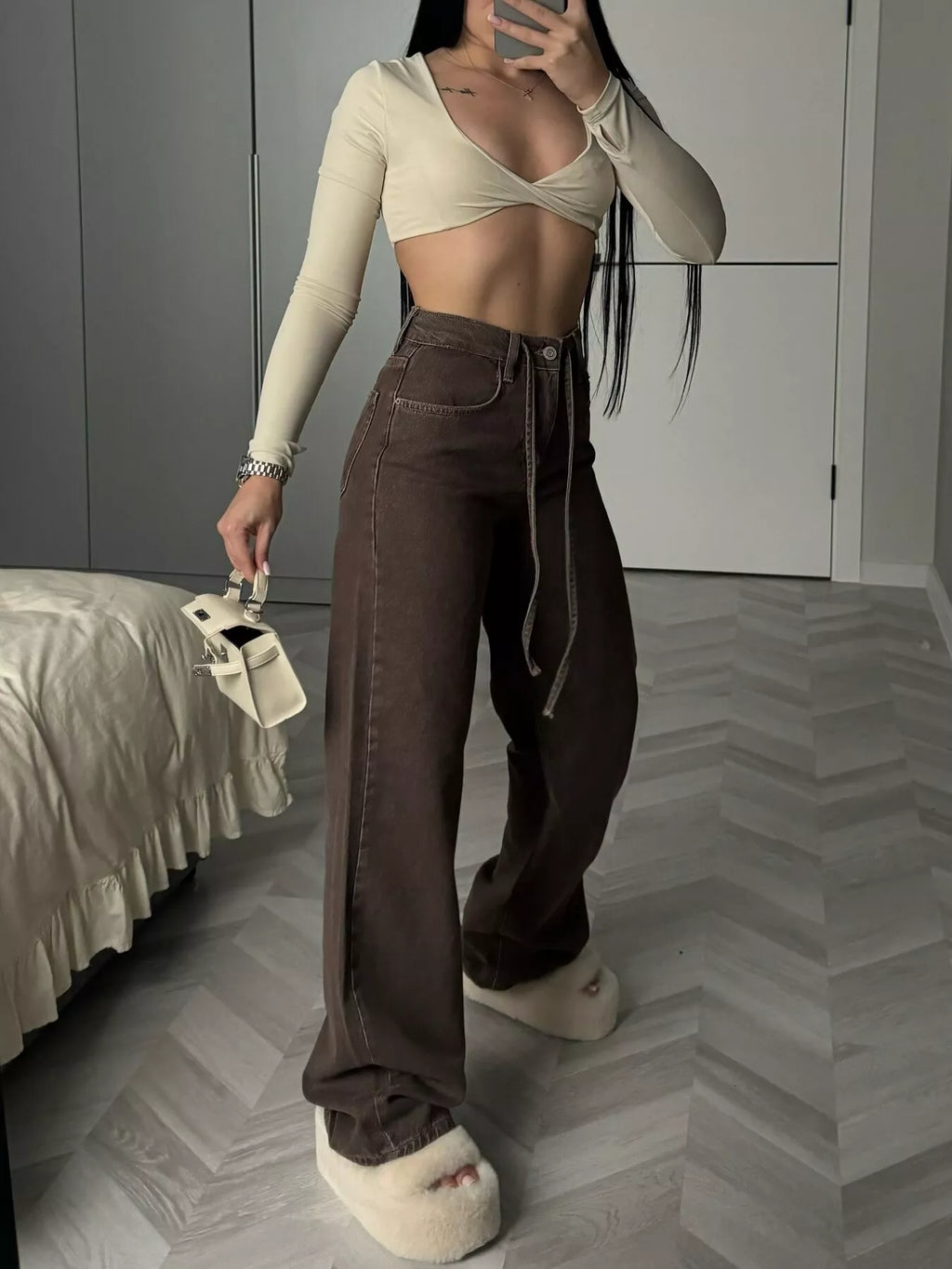 High-Waisted Wide-Leg Jeans with Tie-Waist Detail