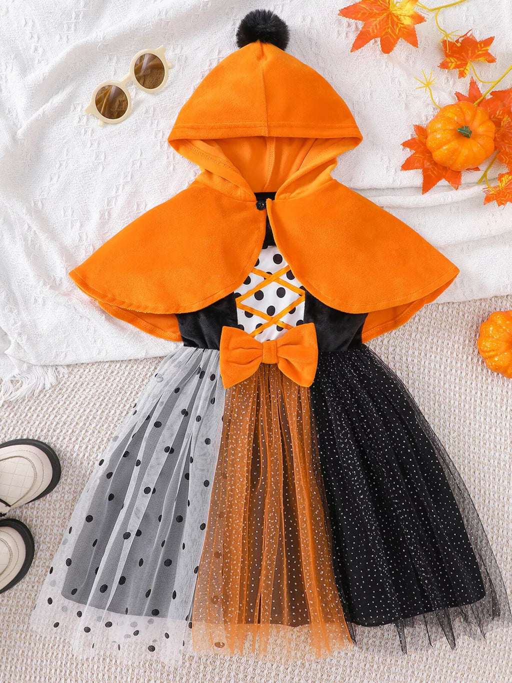 Children's Halloween Pumpkin Hooded Cape and Polka Dot Tulle Dress Set