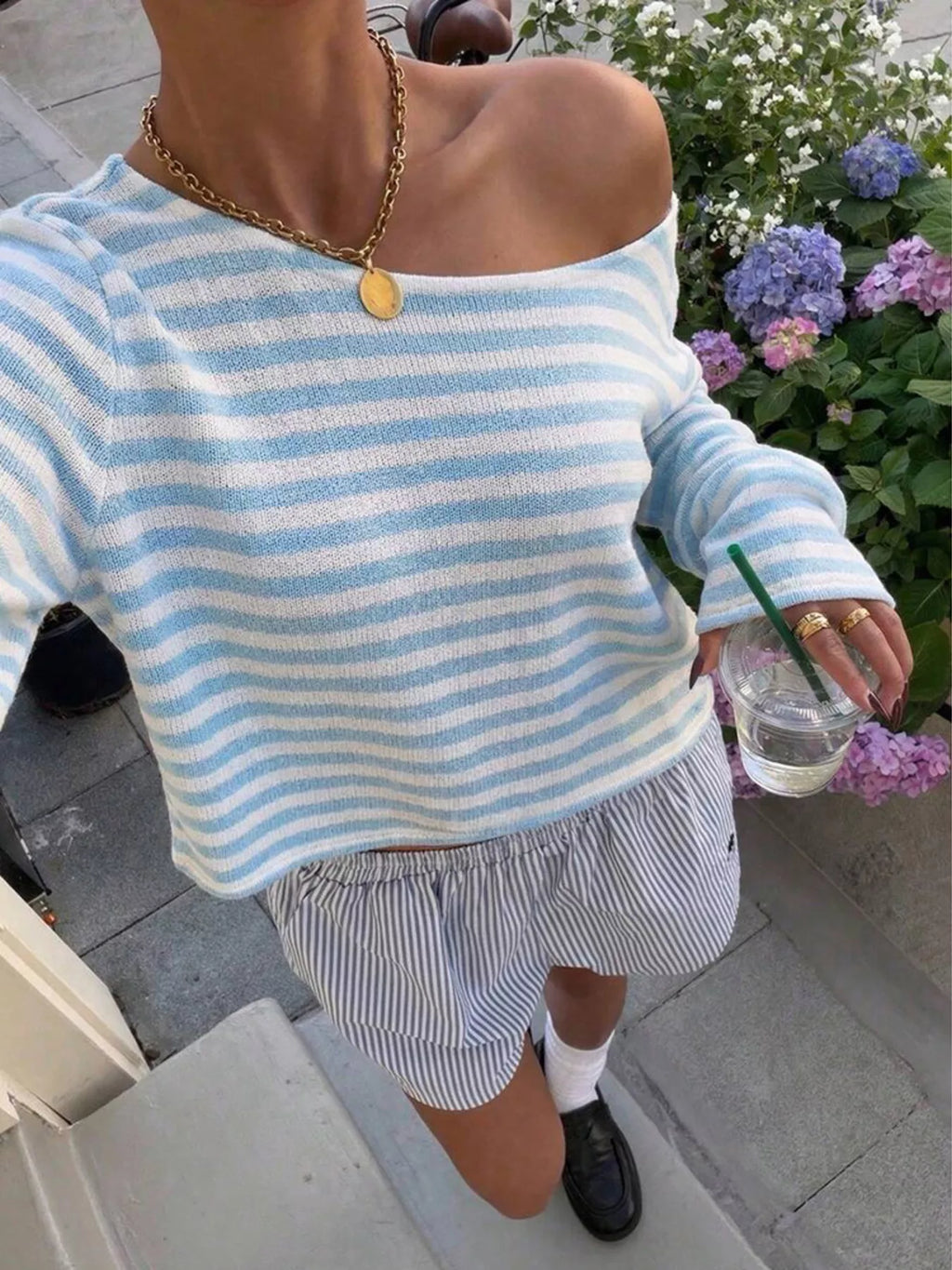 Boat Neck Striped Long Sleeve T-Shirt