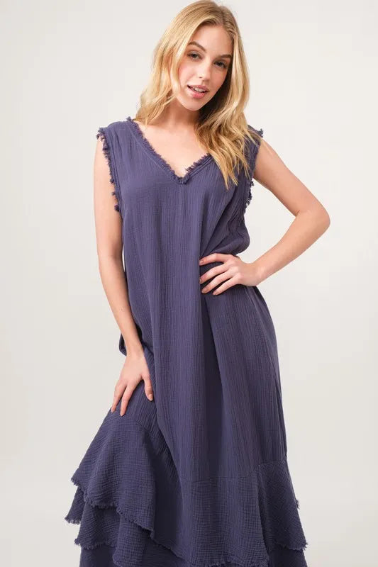 And The Why Washed Cotton Gauze Fringe Detail Tiered Dress
