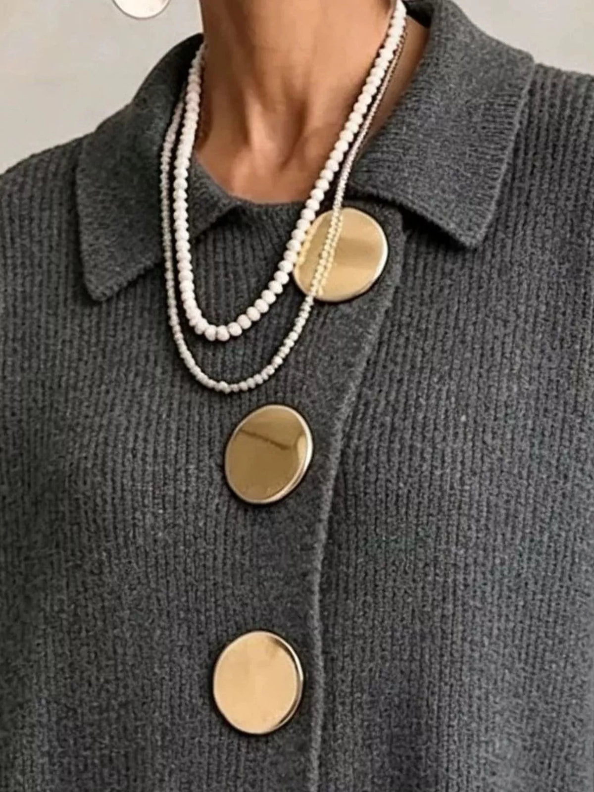 Full Size Gold Buttons Lantern Sleeve Cardigan Plus Size