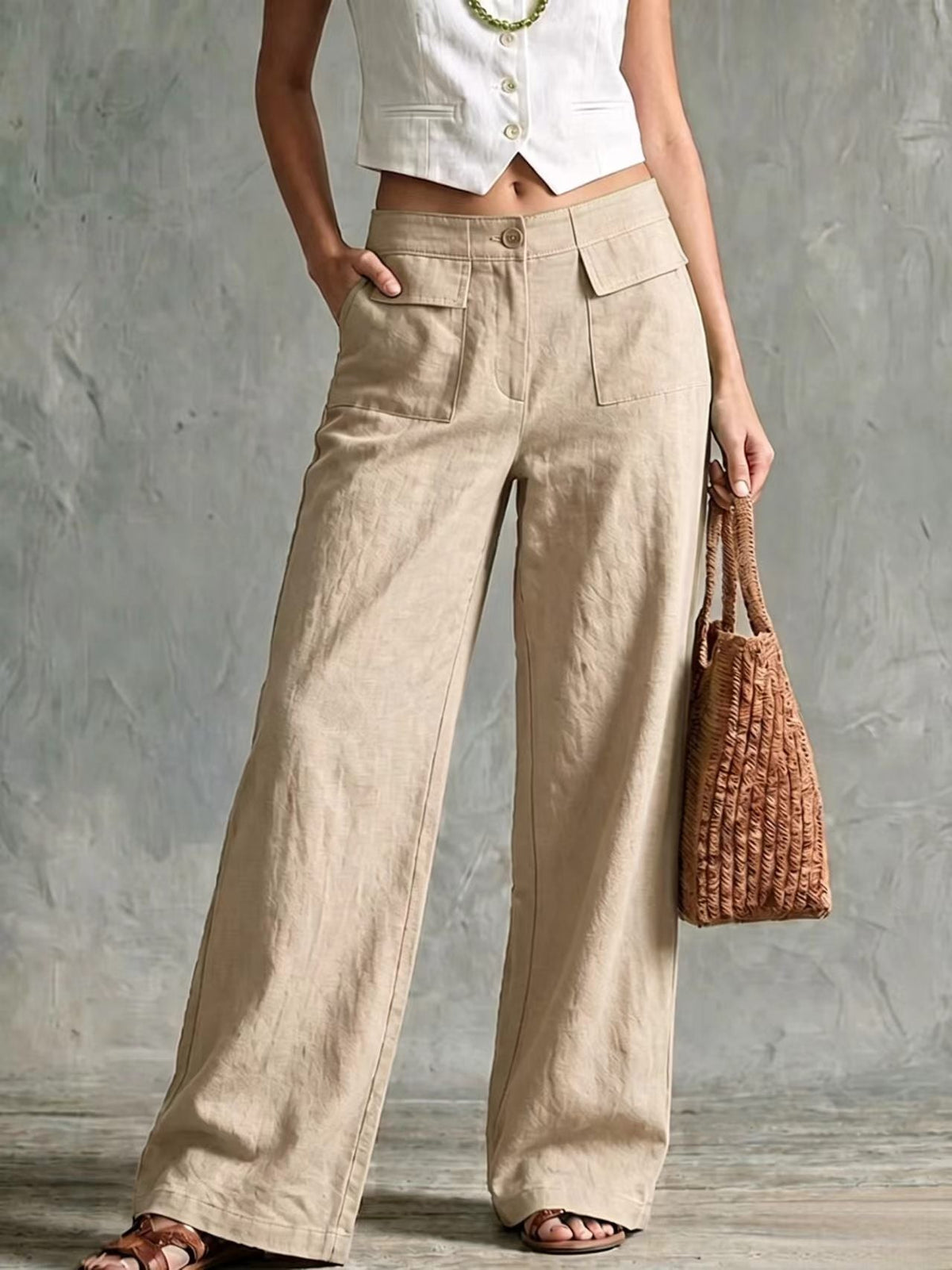 Women's Solid Color Loose Fit Casual Pants - Elastic Waist Trousers for Daily Wear
