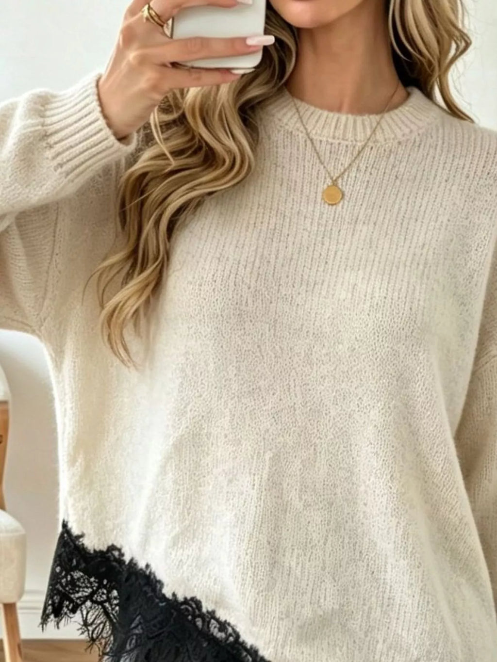 Round Neck Sweater with Asymmetric Lace Hem