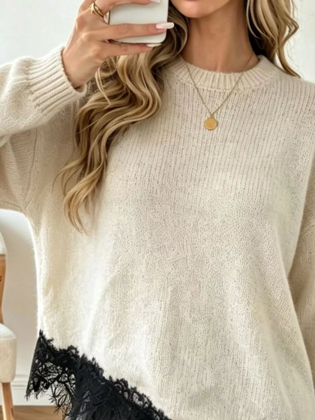 Round Neck Sweater with Asymmetric Lace Hem