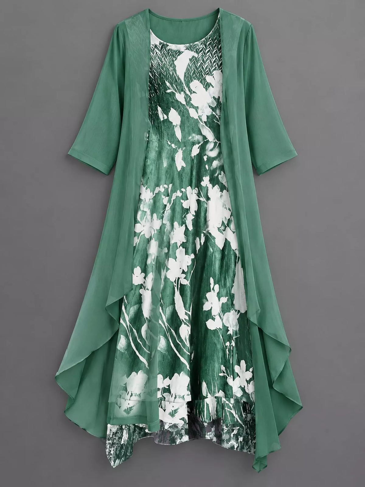 Full Size Floral Print Midi Dress and Chiffon Cardigan Set Plus Size