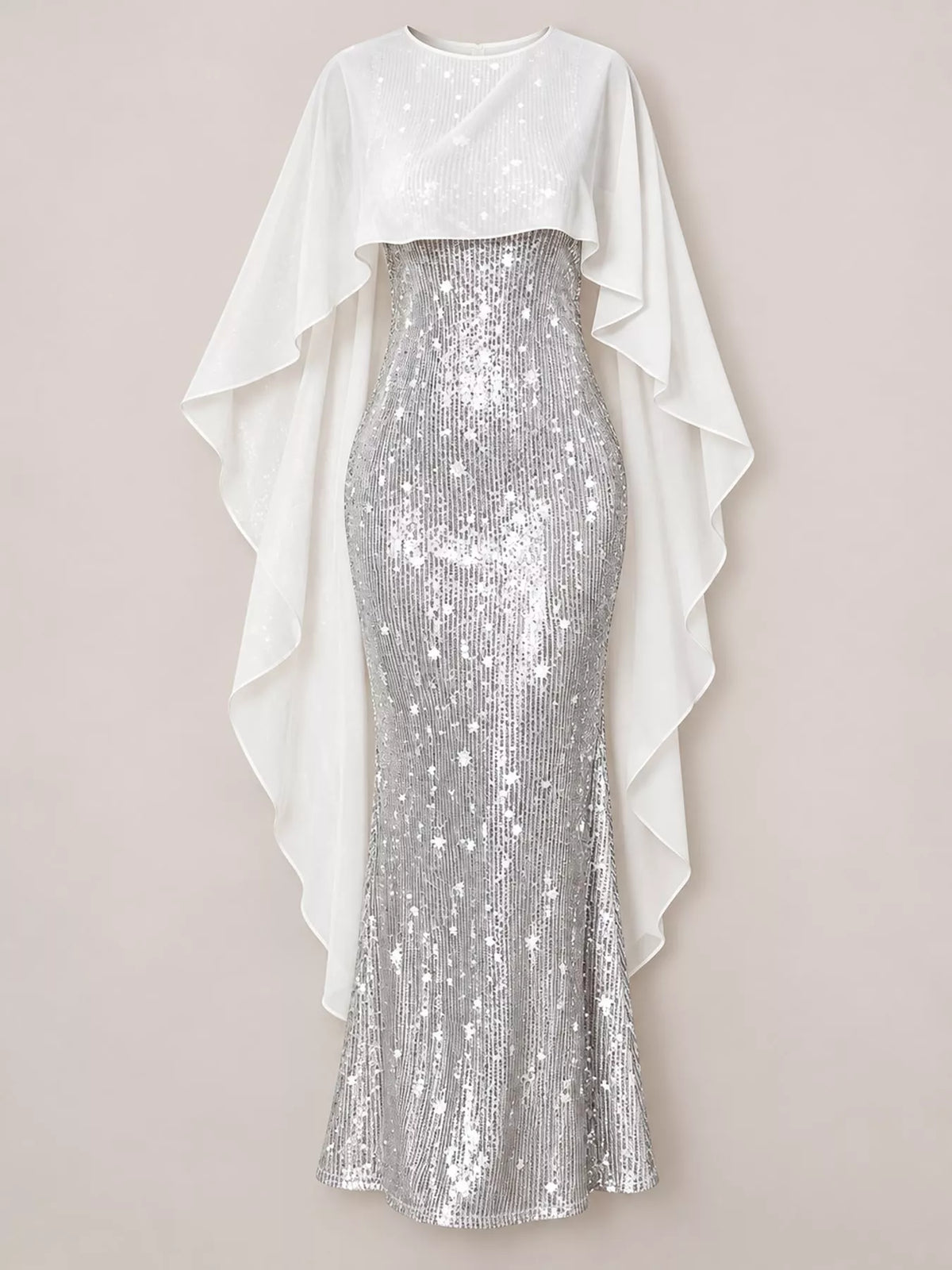 Sequin Cape Overlay Evening Dress