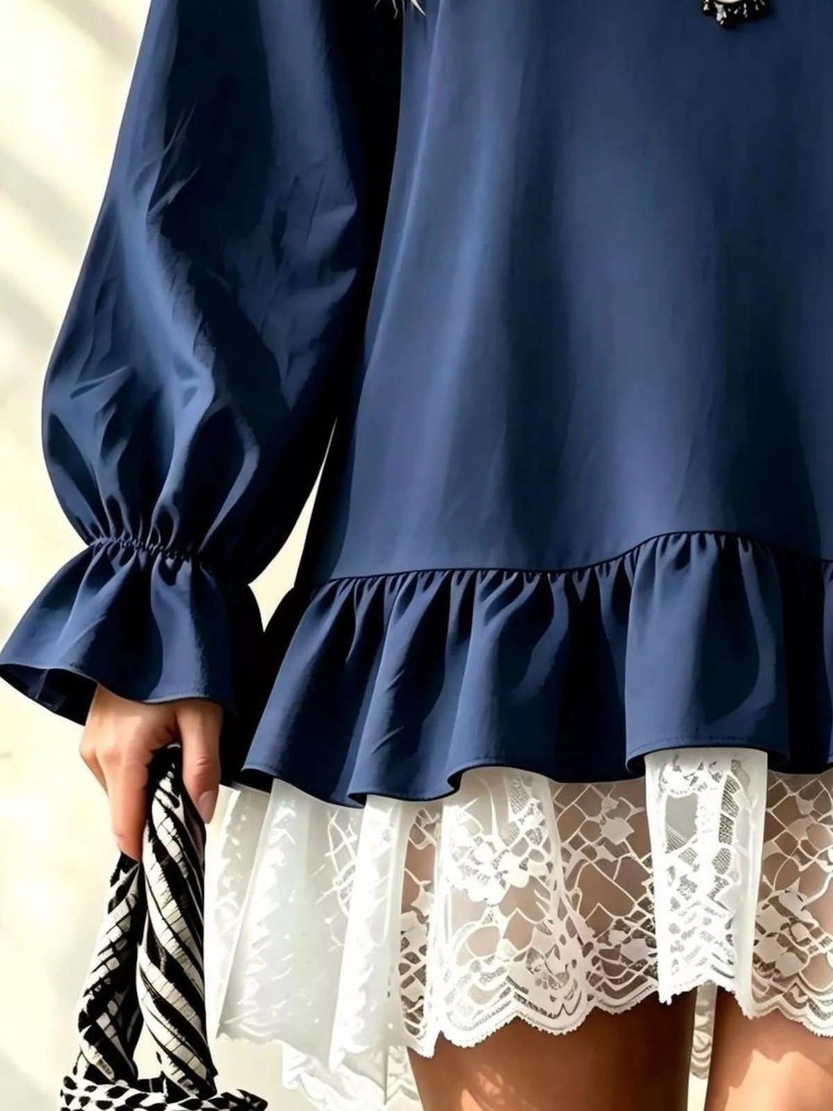 V-Neck Long Sleeve Ruffle Hem Lace Trim Mini Dress