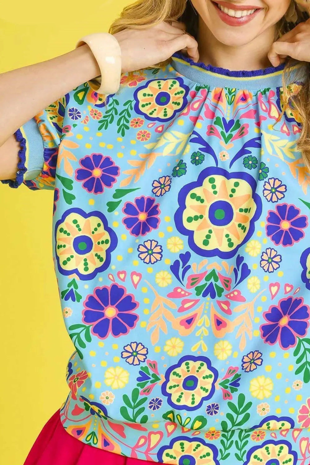 Umgee Retro Floral Puff Sleeve Top