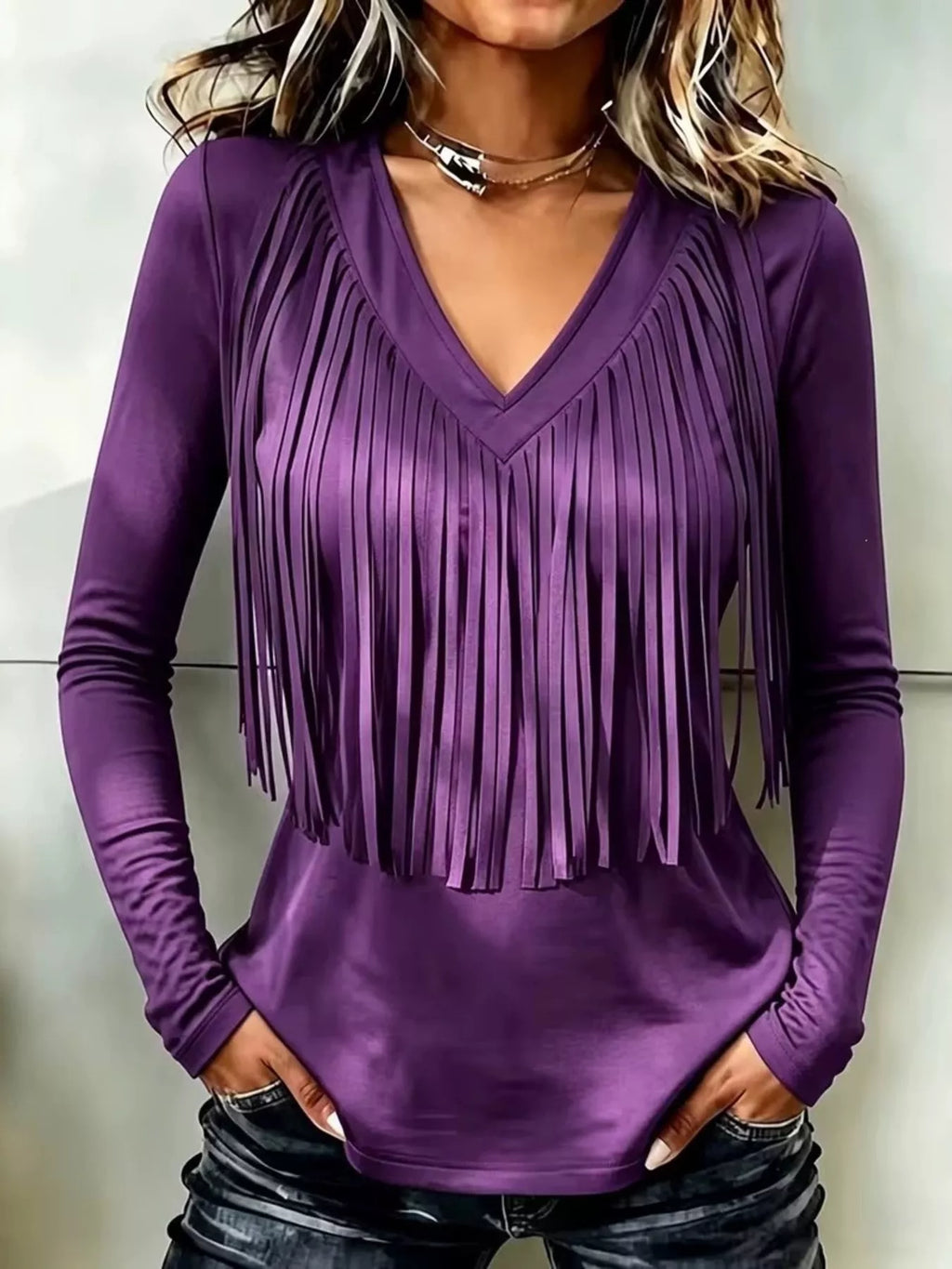 Fringe V-Neck Long Sleeve T-Shirt