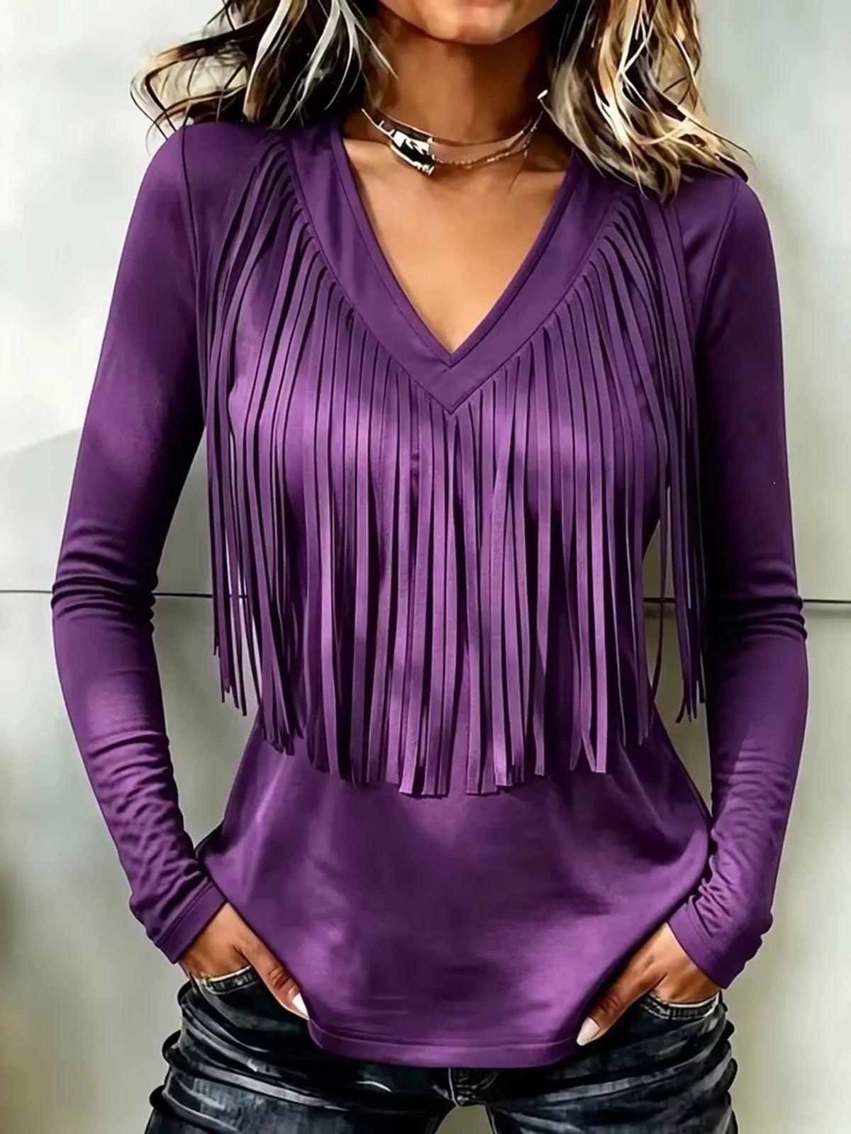 Fringe V-Neck Long Sleeve T-Shirt