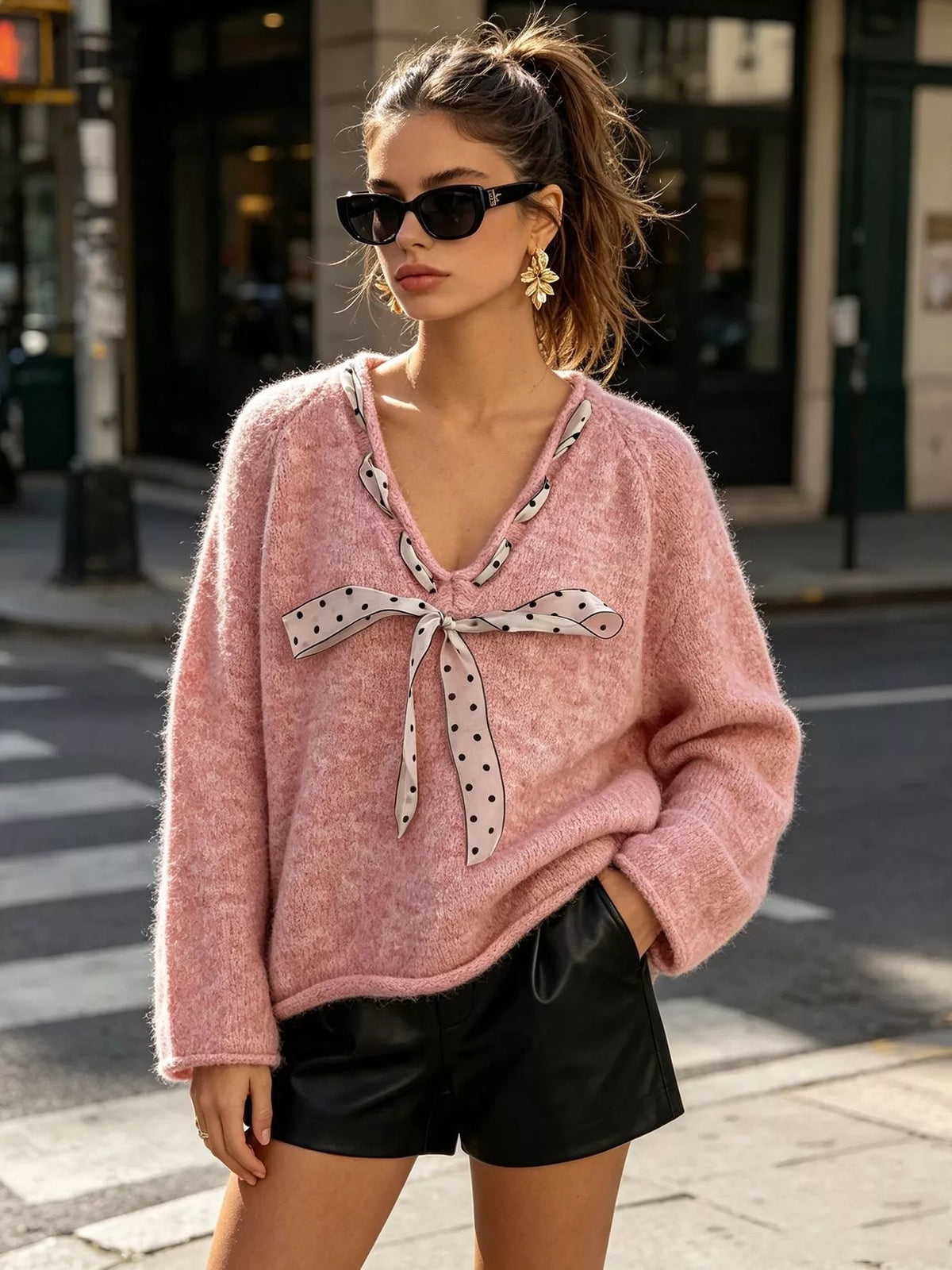 Chic V-Neck Sweater with Polka Dot Ribbon Tie