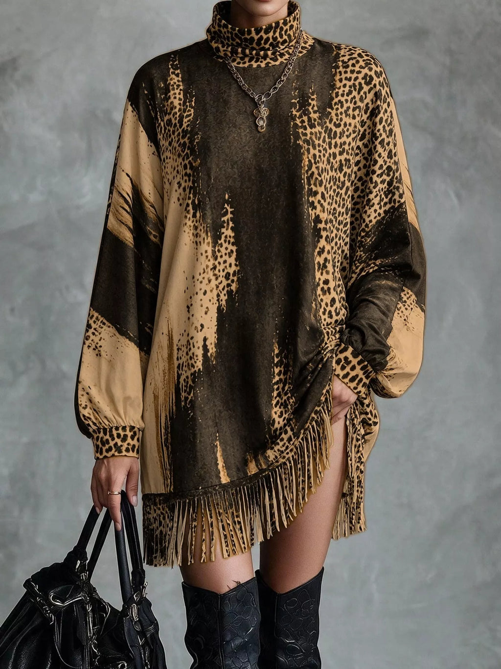 Leopard Print Mock Neck Fringe Hem Mini Dress