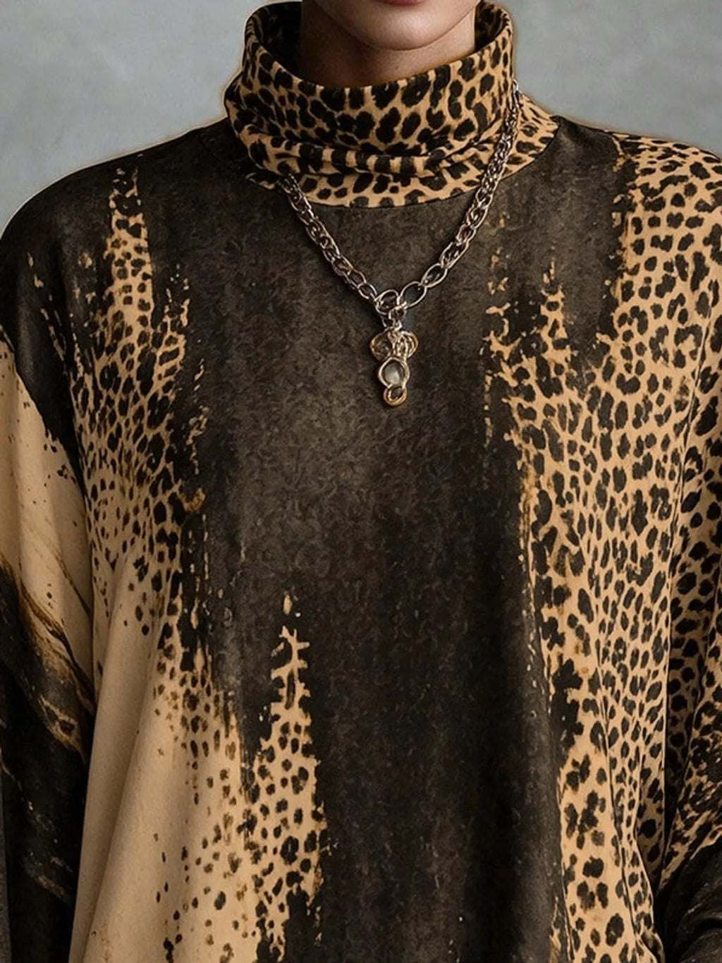 Leopard Print Mock Neck Fringe Hem Mini Dress