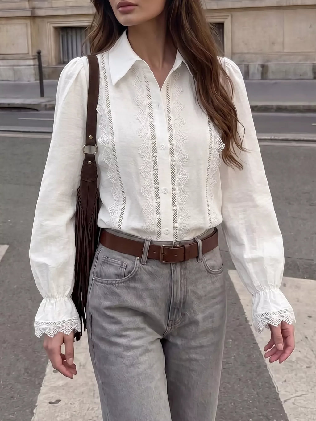 Lace-Trimmed Button-Down Shirt