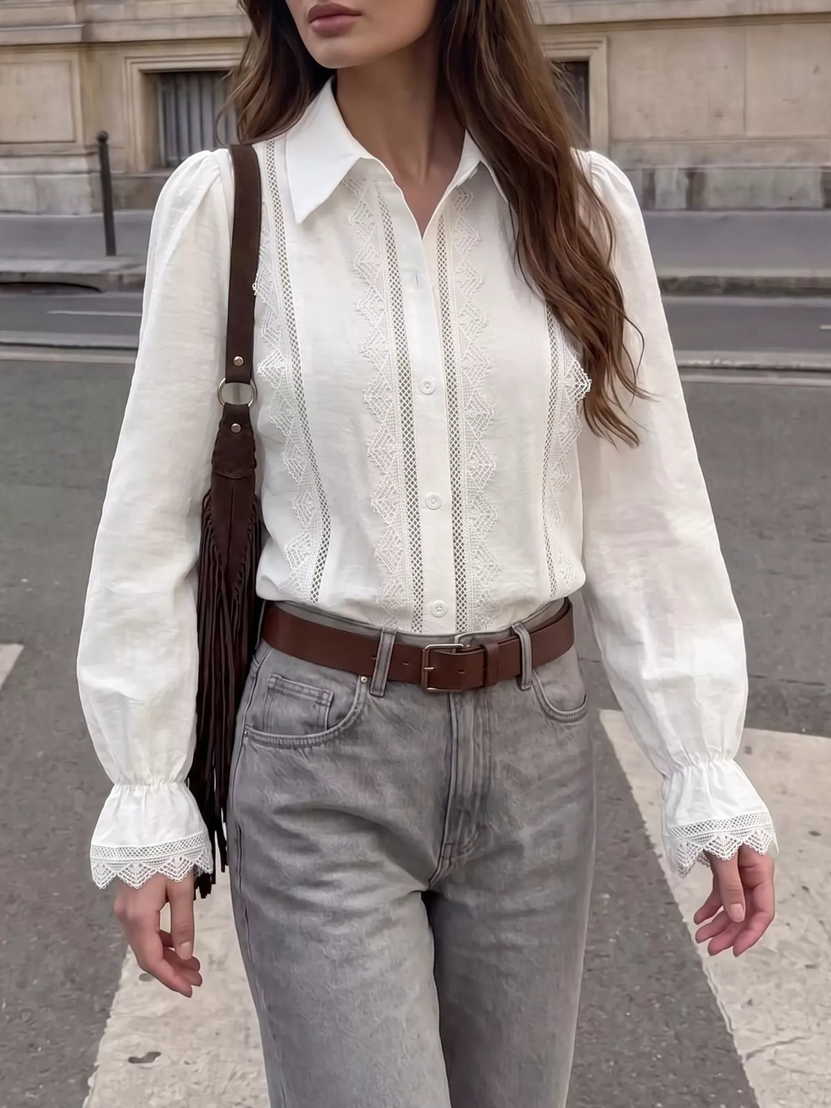 Lace-Trimmed Button-Down Shirt