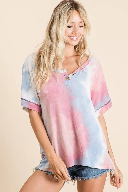 BiBi Tie Dye French Terry Top With Buttoned Placket