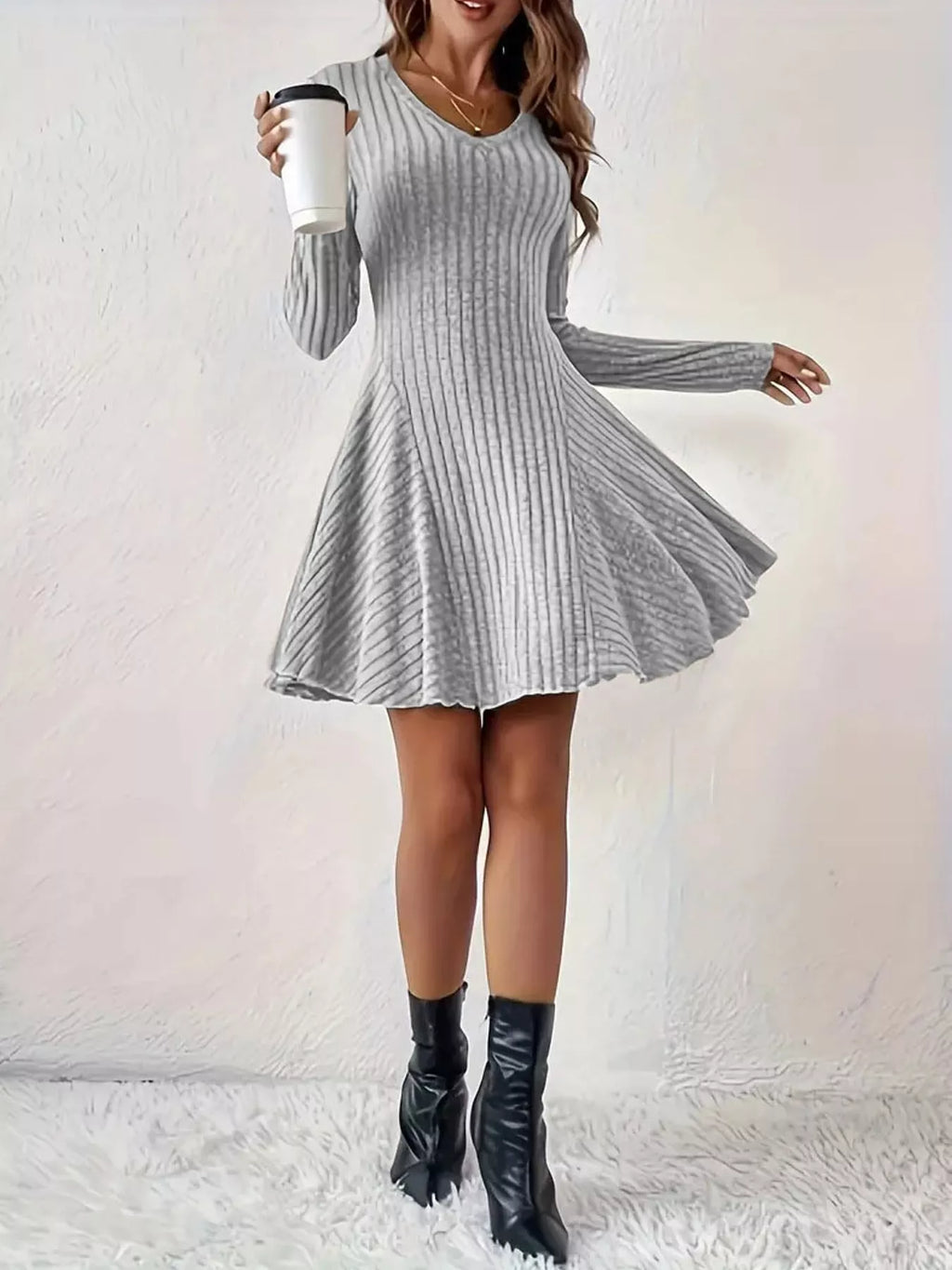 V-Neck Ribbed Knit A-Line Dress