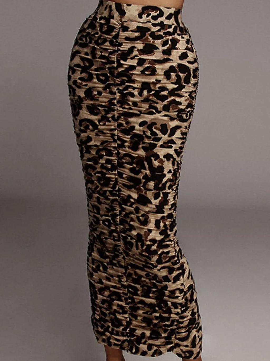 Ruched Leopard Print Slit Skirt