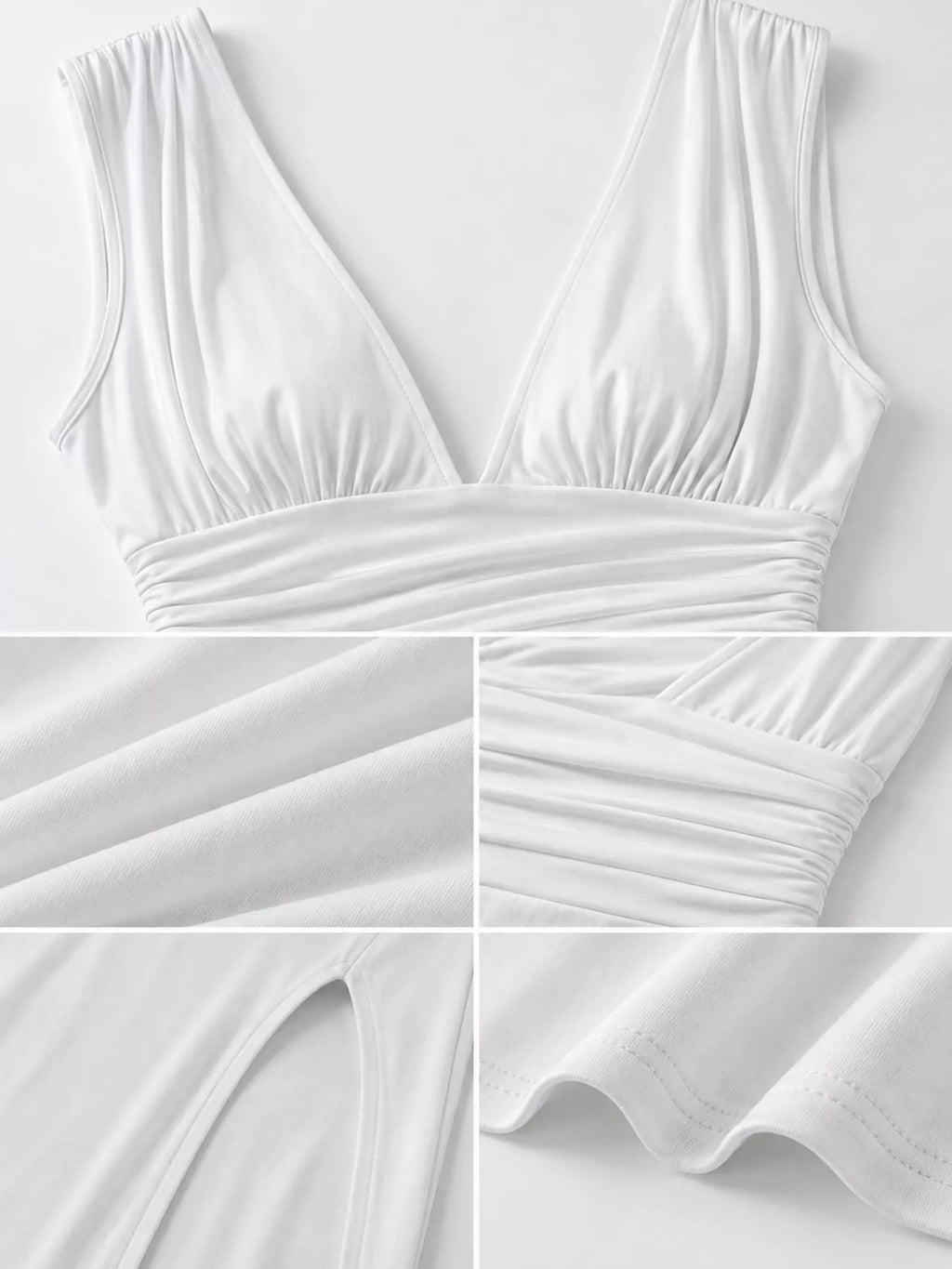 Sleeveless Deep V-Neck Ruched High Slit Bodycon Dress