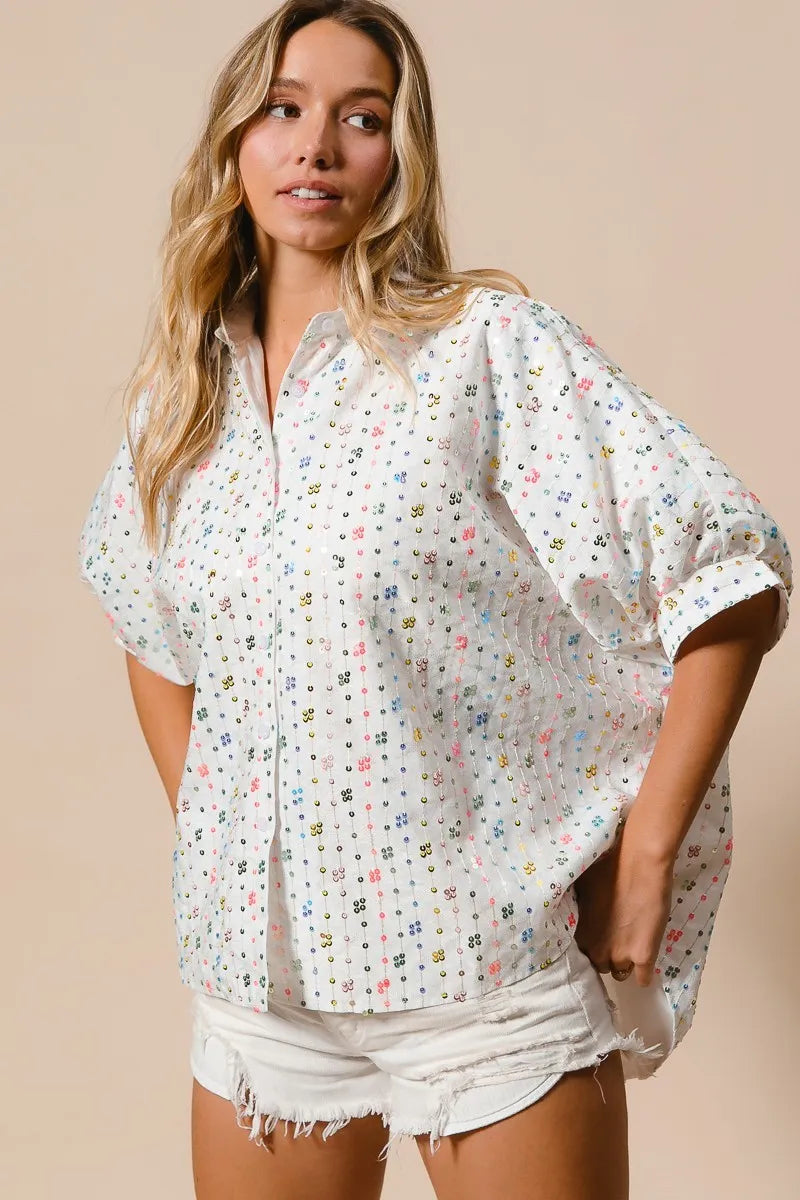 BiBi Sequin Striped Short Dolman Sleeve Blouse