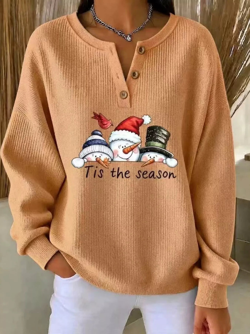 Full Size Christmas Themed Snowman Graphic Ribbed Henley Sweatshirt Plus Size