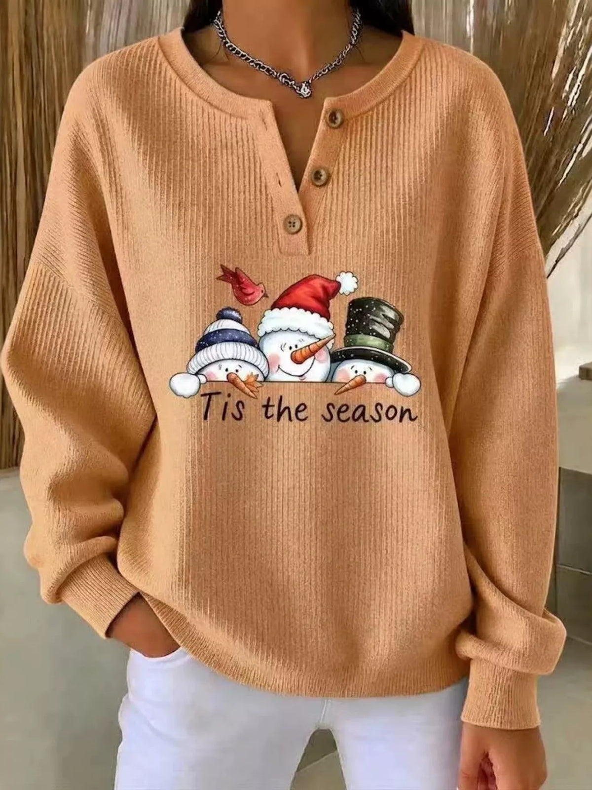 Full Size Christmas Themed Snowman Graphic Ribbed Henley Sweatshirt Plus Size