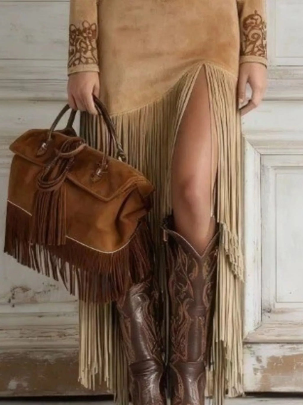 Full Size Western-Inspired Suede Fringed Maxi Dress with Embroidered Detailing Plus Size