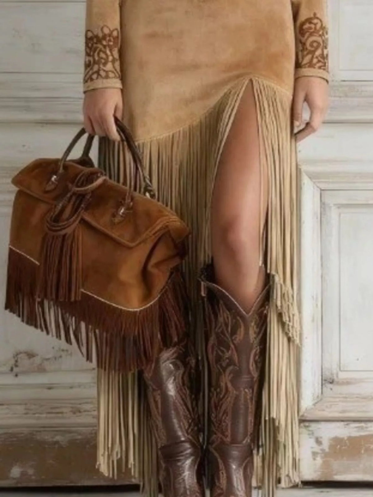 Full Size Western-Inspired Suede Fringed Maxi Dress with Embroidered Detailing Plus Size