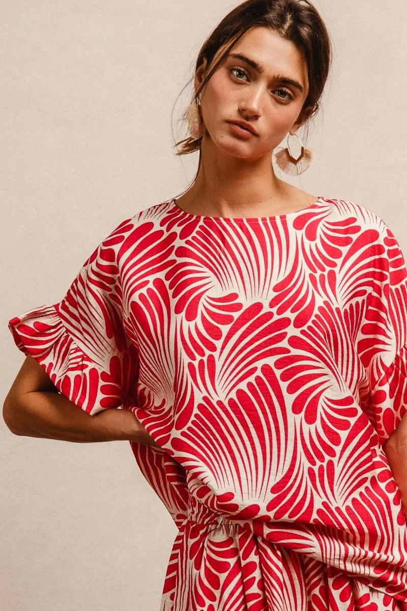 BiBi Print Woven Ruffled Sleeves Top