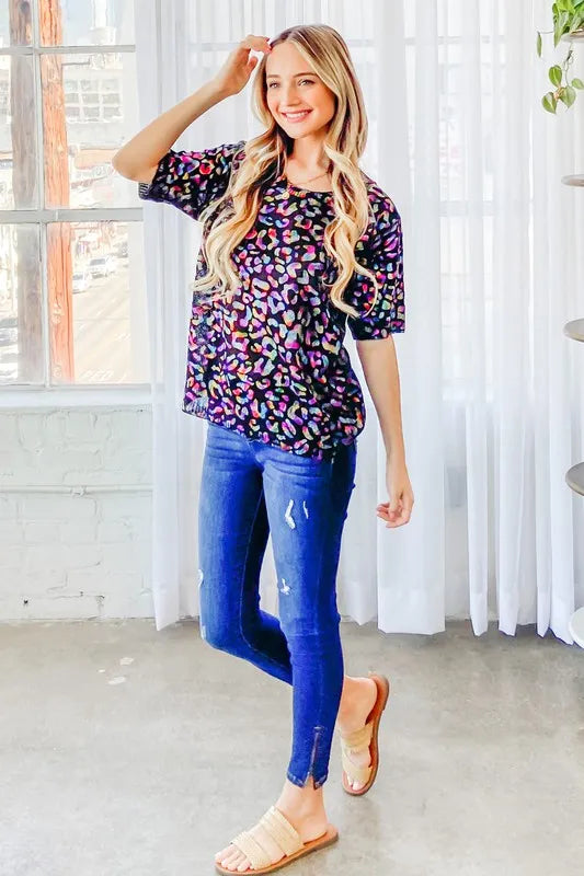 Leopard Foil Print Half Sleeve Knit Sweater