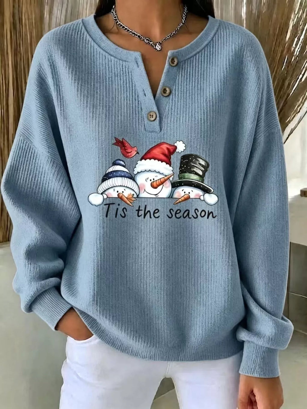 Full Size Christmas Themed Snowman Graphic Ribbed Henley Sweatshirt Plus Size