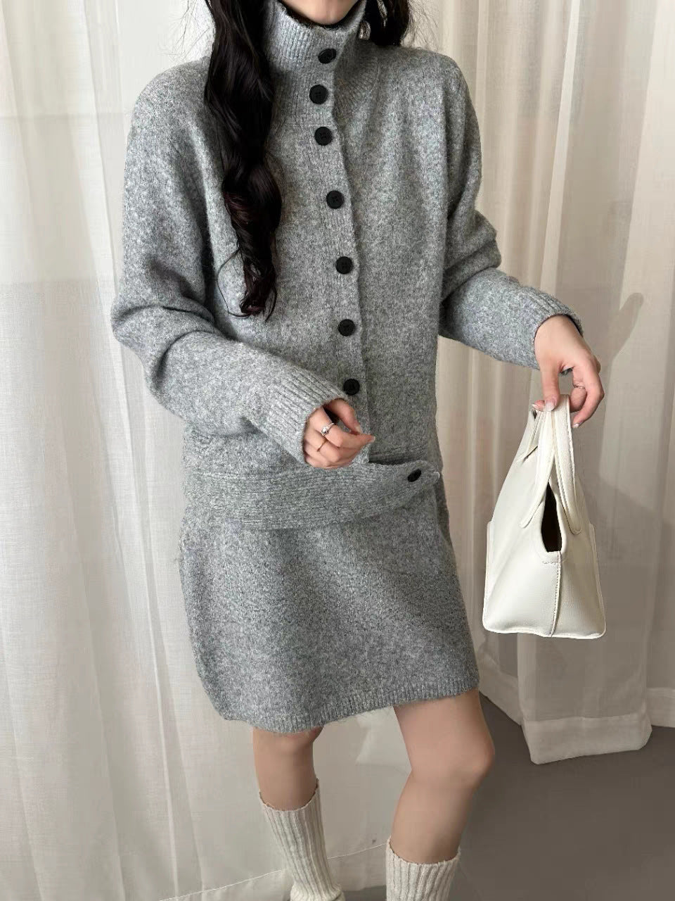 Women 2026 Fall Winter New Arrival, Vintage Button Stand Collar Cardigan Sweater, Loose Casual Knit Midi Skirt 2-Piece Outfit Set