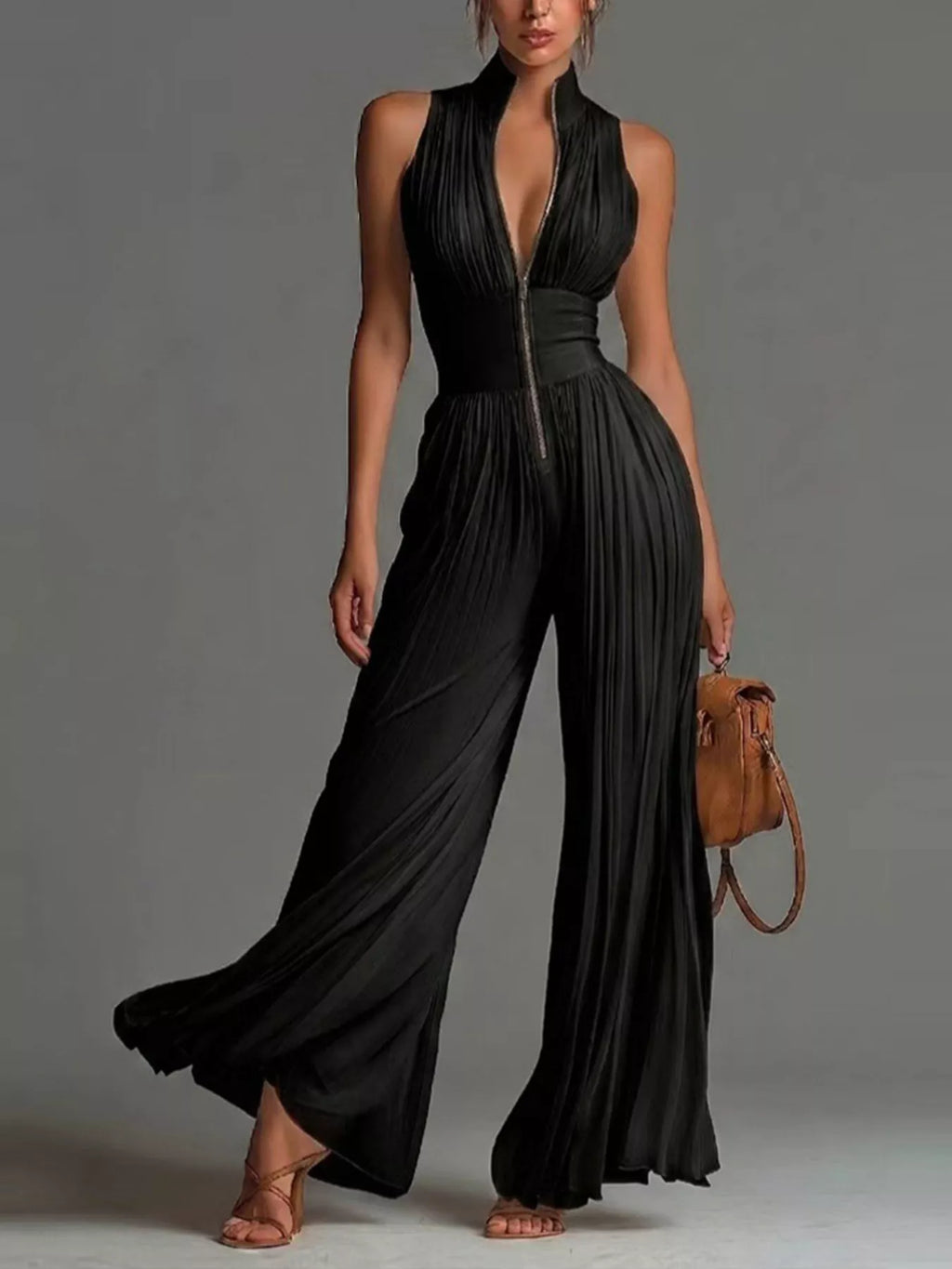 Sleeveless Pleated Wide-Leg Jumpsuit with Front Zipper