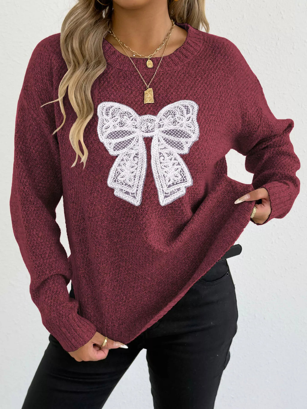 Lace Bow Embroidered Round Neck Sweater